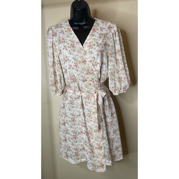 Floral Puff Sleeve Korean Wrap Dress OS / S - Picture 2 of 16